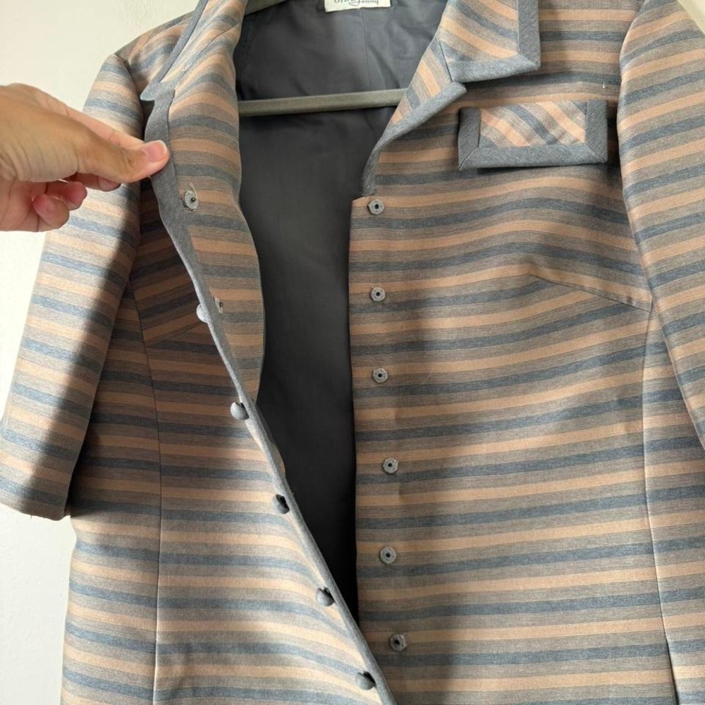 Vintage 50/60s Striped Dress Gray Tan Union Mod Button - Picture 2 of 8